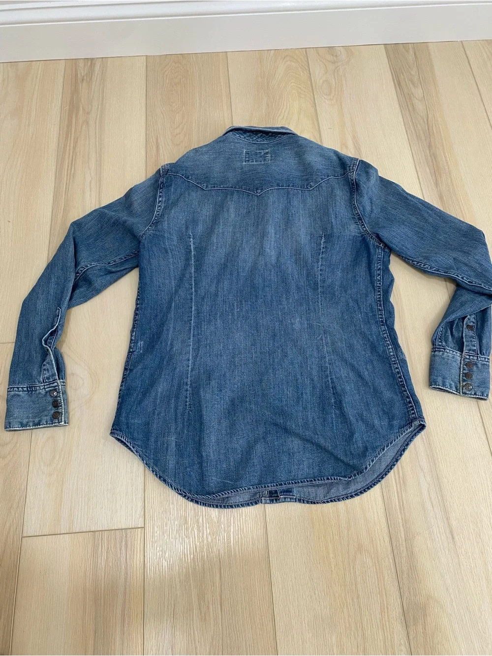 Ralph Lauren Distress Repair Western Shirt Denim Fade Blue Pearl Snap Polo